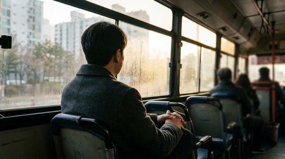 아침 버스 창가에 앉아 두 손을 모으고 생각에 잠긴 사람의 뒷모습.
