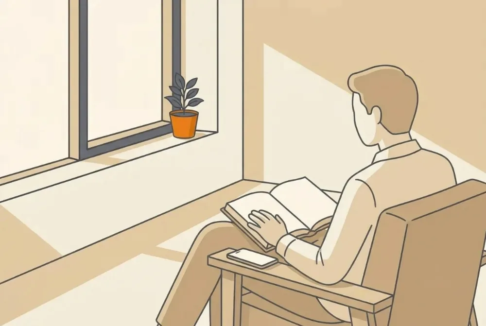 아침 햇빛이 드는 창가 의자에 앉아 성경을 펴 놓고 읽는 사람의 뒷모습 그림. 팔걸이에 폰이 놓여 있다.