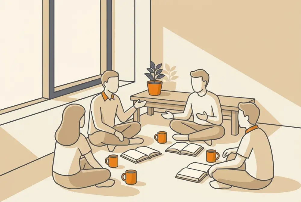 볕이 드는 방에서 다섯 사람이 둘러앉아 책을 펴 놓고 이야기하는 그림.