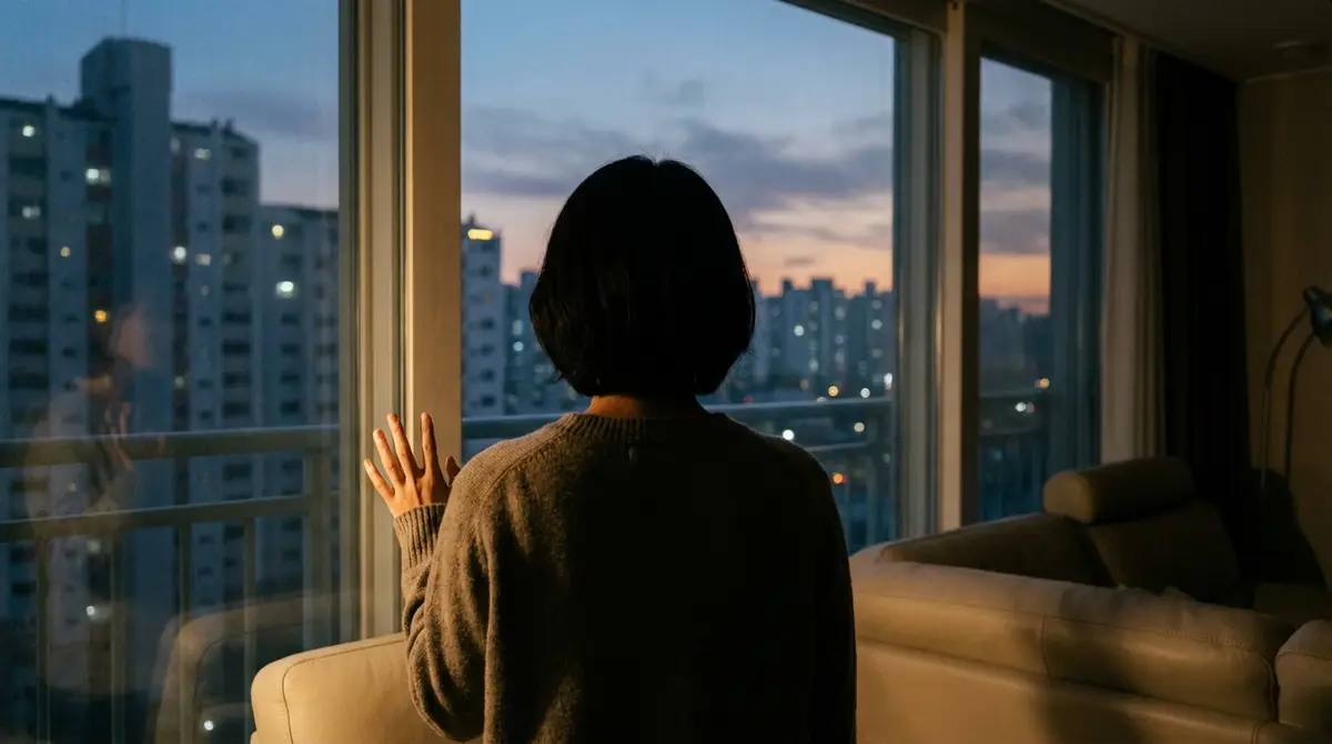 저녁 무렵 아파트 창가에 서서 창밖 도시 불빛을 바라보며 손을 유리에 대고 있는 한 사람의 뒷모습