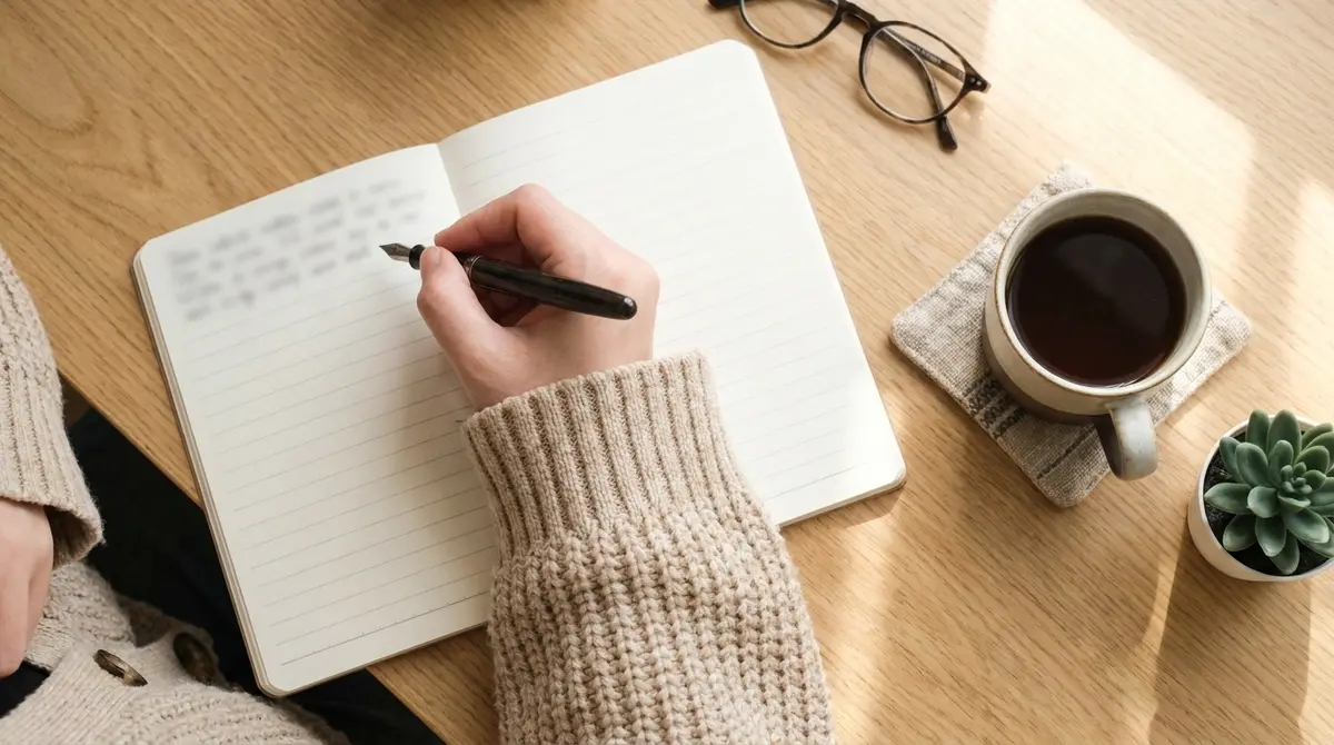 햇볕이 드는 원목 책상에서 만년필로 공책에 차분히 글을 적어 내려가는 손의 모습입니다.