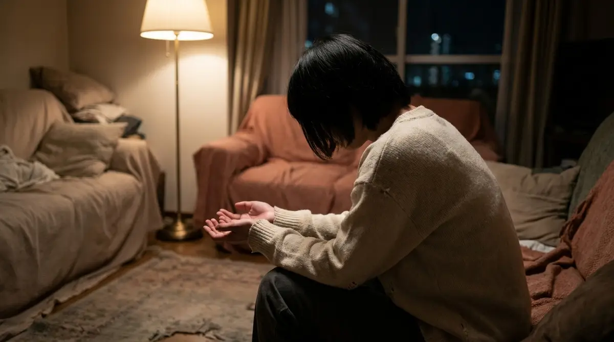 밤늦은 거실에서 한 사람이 등을 돌리고 앉아 빈 두 손을 무릎 위에 펼치고 있다