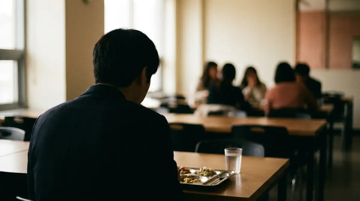 구내식당에서 한 사람이 뒷모습으로 홀로 식판을 앞에 두고 앉아 있고 저 뒤로 동료들이 모여 있다
