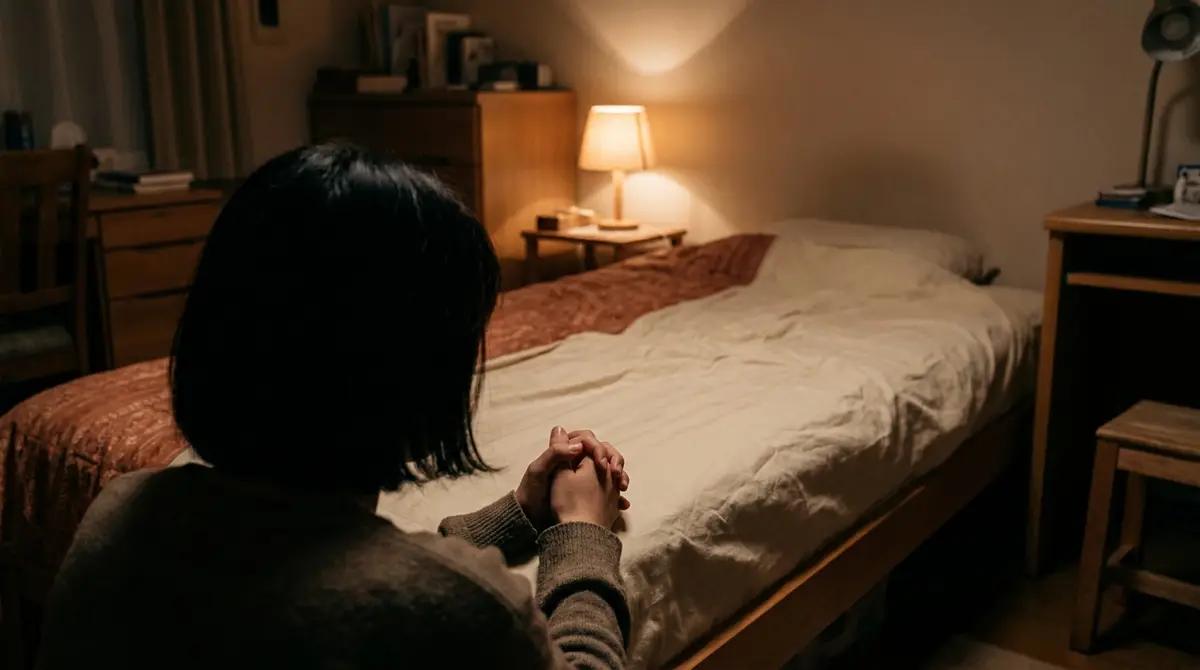 어두운 방에서 한 사람이 침대 옆에 무릎을 꿇고 뒷모습으로 두 손을 모아 기도하고 있다