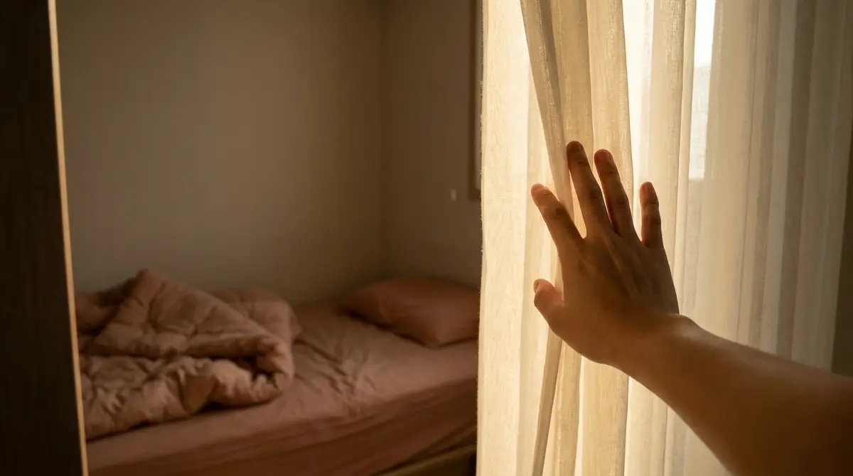 아침 햇살이 스미는 창가에서 커튼을 살짝 걷는 한 손, 뒤로 정돈된 침대가 보인다