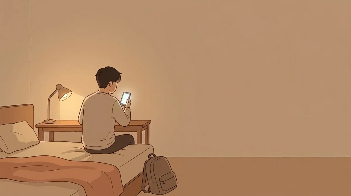 늦은 밤 작은 방 침대 끝에 한 사람이 혼자 앉아 휴대전화 화면을 보고 있다. 책상 위 스탠드만 켜져 있다