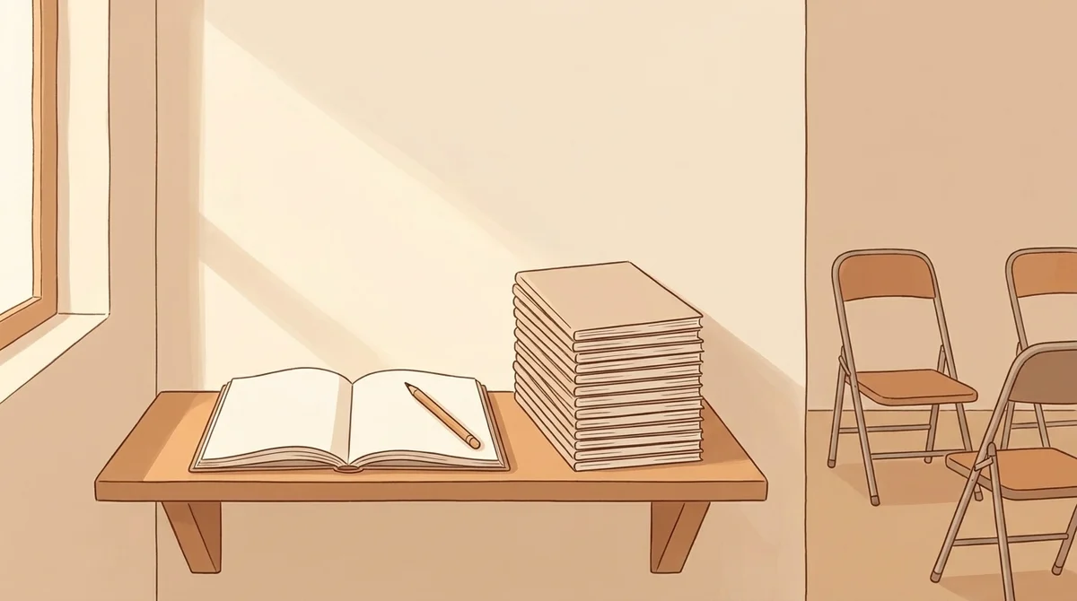 교회 교실 선반 위에 같은 묵상 책자가 높이 쌓여 있고, 한 권만 펼쳐져 연필이 놓여 있다