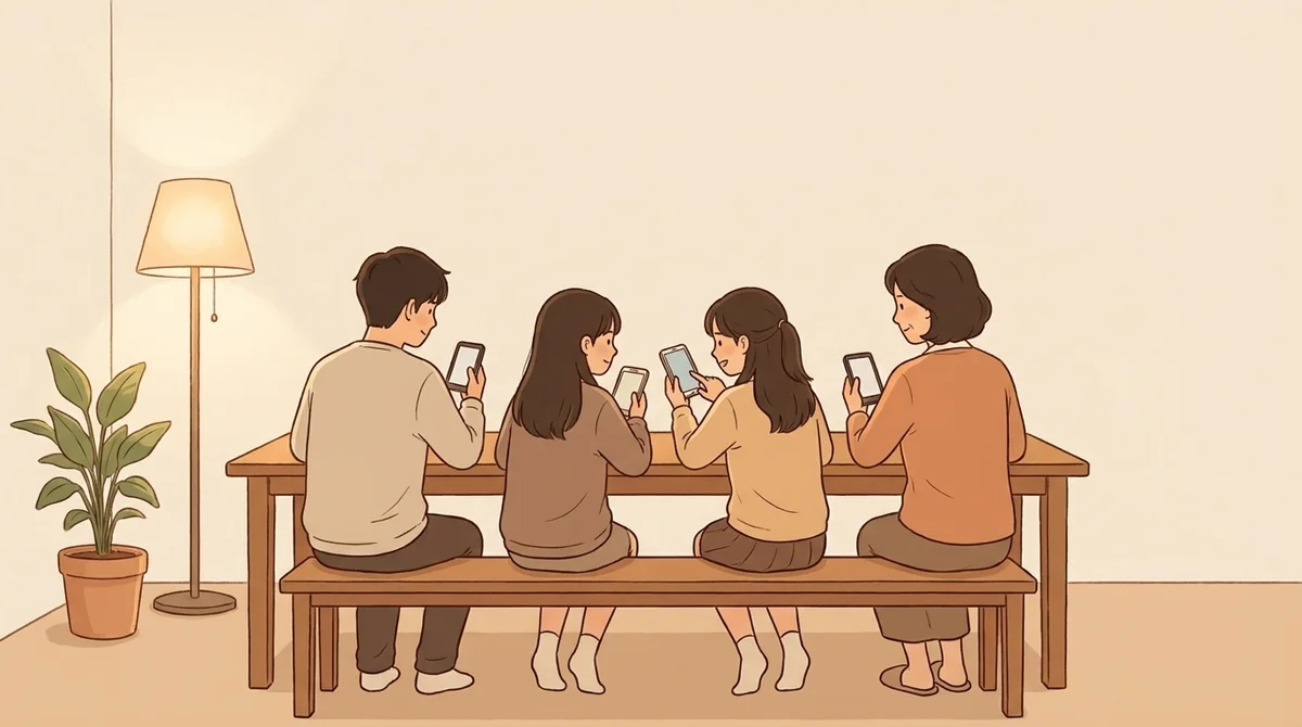 저녁 조명 아래 긴 나무 탁자 앞 벤치에 학생 셋과 선생님 한 사람이 나란히 앉아 휴대전화를 본다. 가운데 두 학생이 서로 화면을 보여 준다