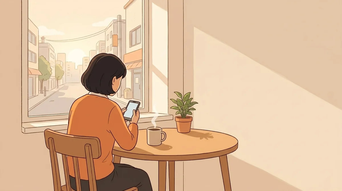 이른 아침 창가 작은 원형 탁자에 한 사람이 뒷모습으로 앉아 휴대전화를 본다. 커피잔과 화분이 놓여 있고 해가 떠오른다