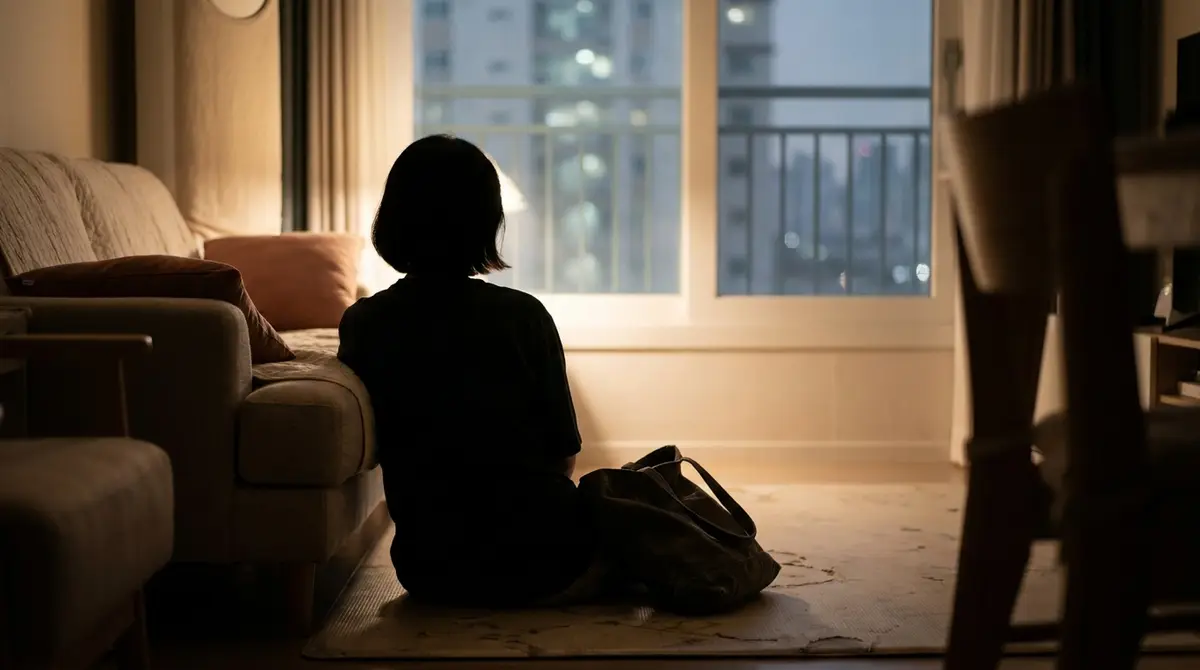 불 꺼진 거실 바닥에 한 사람이 소파에 기대 앉아 창밖 아파트 불빛을 바라보고 곁에 가방이 놓여 있다