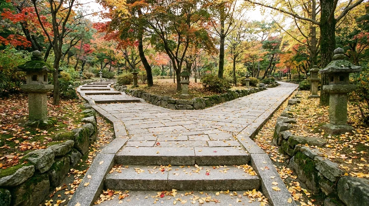 낙엽이 드문드문 떨어진 공원 안에서 두 갈래로 나뉘는 돌길.