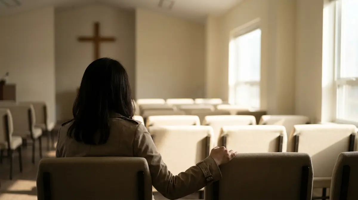 빈 의자가 늘어선 예배당 뒷줄에 한 사람이 뒷모습으로 앉아 앞쪽 십자가를 바라본다