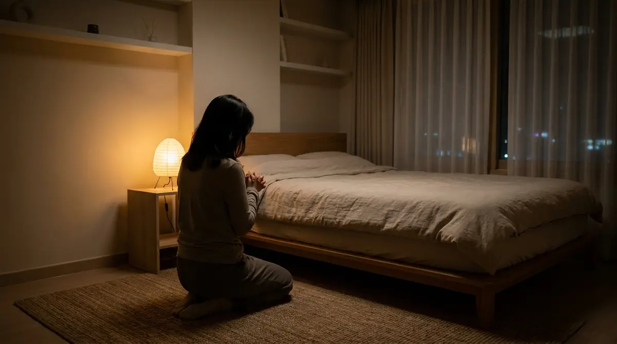어두운 방에서 한 사람이 침대 옆에 무릎을 꿇고 손을 모은 채 뒷모습으로 앉아 있다
